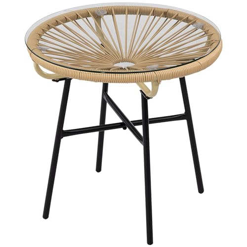 Outsunny Table Basse Ronde de Jardin en résine Aspect rotin métal et Plateau Verre trempé Ø 50 x 50 cm Beige