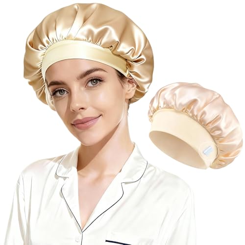 Silk Bonnet Double Layer Sleeping Bonnet with Adjustable Elastic Band and Silk Lined for Women Men Hair Protection Cap for Curly Long Hair Braids Curly Hair (Champagne)