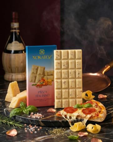 Image of XOKATOZ Exotic Premium Couverture Belgian Chocolate - 1 Pizza Italiano - Flavoured White Chocolate Bars - Gift Set - Pack of 1, 75 gm (75gm X 1)