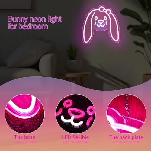 Image of Bunny Neon Sign, Bunny LED Sign for Wall Decor, Birthday Gifts, Bedroom Home Decorations, 13 inch x 12.6 inch, Dimmable, USB Powered, Pink