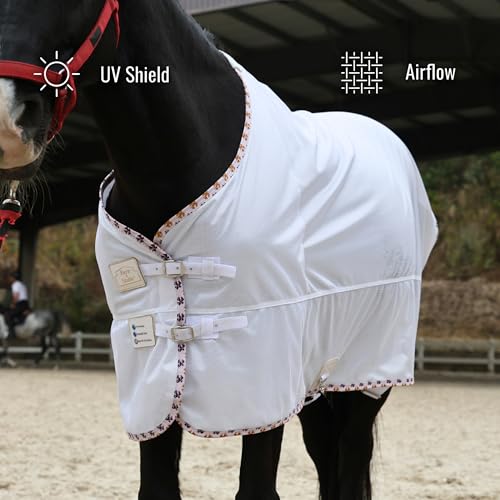 Image of BARN & STABLE Breathable and UV Protective Tear-Resistant Mesh Horse Fly Sheet Comfy Equine Summer Sheet with Removable Web Leg Straps (White - Loose Fit, 69 in)