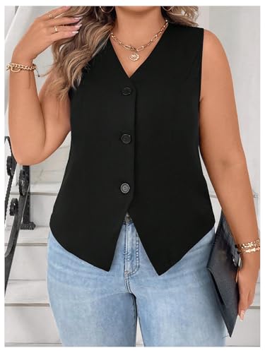 Verdusa Women's Plus Size Button Front Sleeveless Jacket Vest Old Money V Neck Split Blazer Vests4