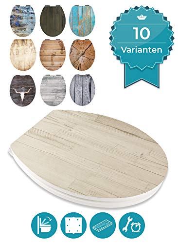 Calmwaters® WC Sitz Holz mit Absenkautomatik Motiv Wood Beige-Grau, Fast-Fix-Befestigung aus Metall, universale O-Form, stabiler Holzkern Toilettendeckel, Komfort Toilettensitz - 26LP5384