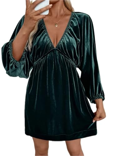 Women's Ruched V Neck Balloon Sleeve Dress with 96% Polyester and 4% Elastane for Soft Sheen and Comfortable Fit Dark Green/S