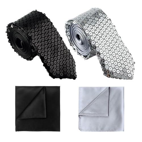 TUONYIS 4 Pièces Cravates et Carré de Poche Paillettes, Cravate et Accessoires de Veste Paillettes, Unisexe, Festival de Mariage, Fête Disco, Carnaval...