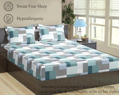 Image of Trance Home Linen 100% Cotton 144TC Elastic Fitted Bedsheet | Printed Single Size Bed Elasticated Fitted Bedspread with 1 Pillow Cover (72x30 inch, Abstract Green)