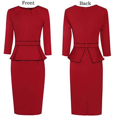 Image of VFSHOW Womens Pleated Crew Neck Peplum Slim Work Business Dress Elegant 3 /4 Sleeves Office Church Bodycon Pencil Sheath Dress