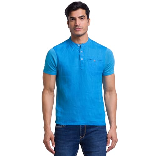 Image of Parx Men's Pure Linen Solid Pattern Regular Fit Henley Neck Half Sleeve Casual T-Shirt