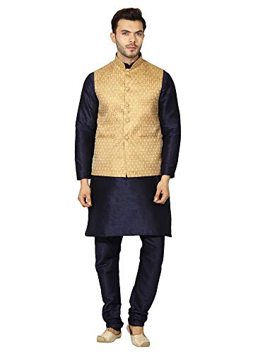 Image of Uri and MacKenzie Men's Silk Blend Regular Kurta Churidar Pyjama with Bundi Nehru Jacket /Waistcoat