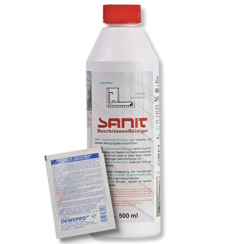 DEWEPRO-Set: SANIT DuschrinnenReiniger (3067) - Flasche à 500ml - zur modernen und perfekten Reinigung aller Duschrinnen, inkl. 1 St. DEWEPRO® Single Scrubs