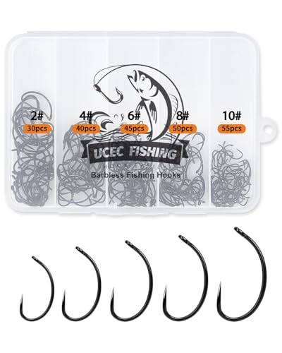UCEC 220PCS Barbless Fishing Hooks Carp Hooks Circle Curve Shank Fly Tying Fishing Hook Tackle Kit for Freshwater Saltwater Hair Rig Trout Size: 2# 4# 6# 8# 10#