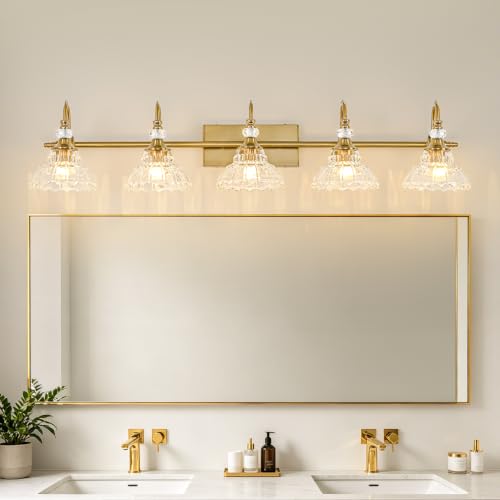 Image of Vintage Bathroom Vanity Light, 5-Light Brushed Gold Finish Wall Sconce with Hanging Crystal Accents and Flower-Shaped Clear Glass Shades, Retro Wall Mount Vanity Light Over Mirror for Bathroom