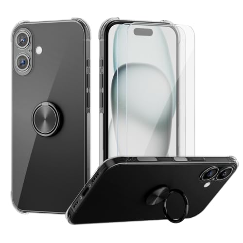 Coque iPhone 16 transparente avec anneau bague noir rotatif 360 et etui béquille en TPU antichoc