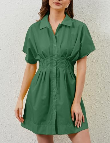Image of MISSACTIVER Women Pleated Button Down Shirt Dress Short Sleeve Striped Corset Mini Dresses Casual Summer Short Dress