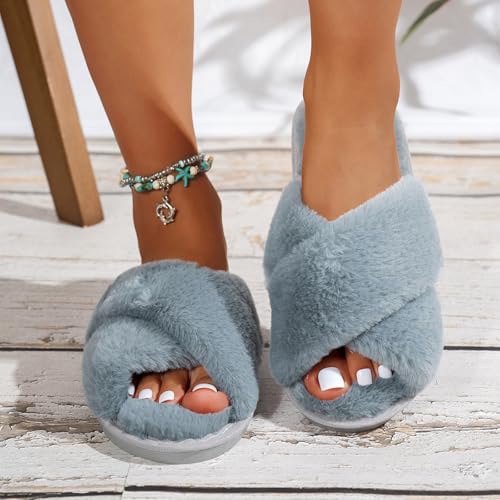 Women's Fuzzy Open Toe Slippers Comfy Cross Band Memory Foam Bedroom House Shoes Indoor Outdoor Slides Slippers