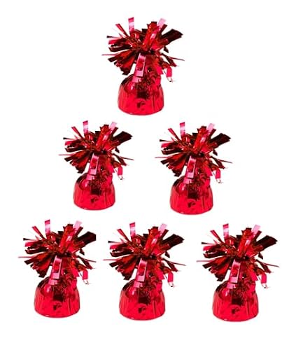 Image of Pack of 6, 12 & 24 Heavy Balloon Weights (5cm x 13cm / Helium Latex Balloon Weight Fountain Table Floor Tassle Cone Birthday Party Accessory with Ribbon Roll (Red, 6 qty)
