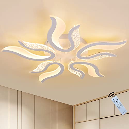 J.SUNUN Lámpara de Techo LED, Plafón LED Moderna 50W, para Sala de Estar Dormitorio Comedor, Regulable con Control Remoto en Forma de Flor Metal acrílico lámpara de araña de Techo 5-Cabezas Φ80CM Cover