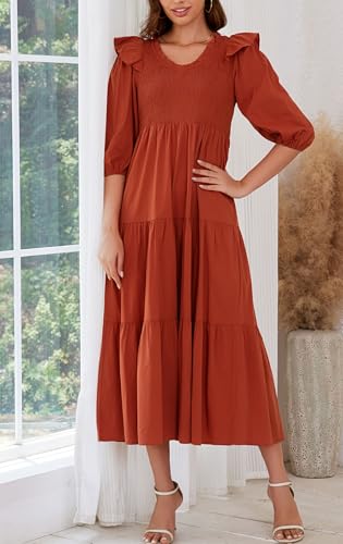 Image of Women Casual Lantern Sleeve Ruffle V Neck Fall Dress Boho Flowy Maxi Dresses Tiered Cocktail Long Dress