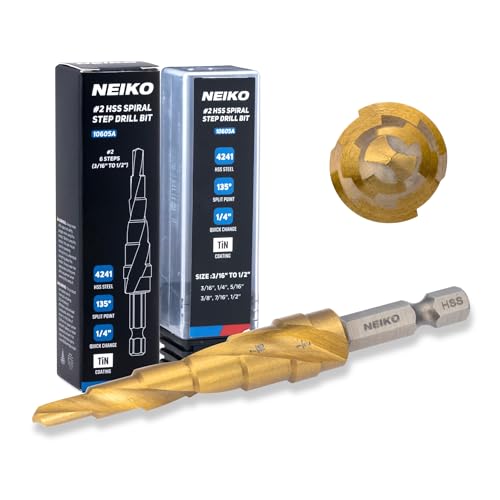 Image of NEIKO 10605A Step Drill Bit, 6 Steps 3 /16 inch to 1 /2 inch Spiral High Speed Steel, Titanium Nitride Coated, 1 /4 inch Quick Change Step Bits for Steel, Metal, Wood, Plastic, Unibit Cone Drill Bits, Two Flute