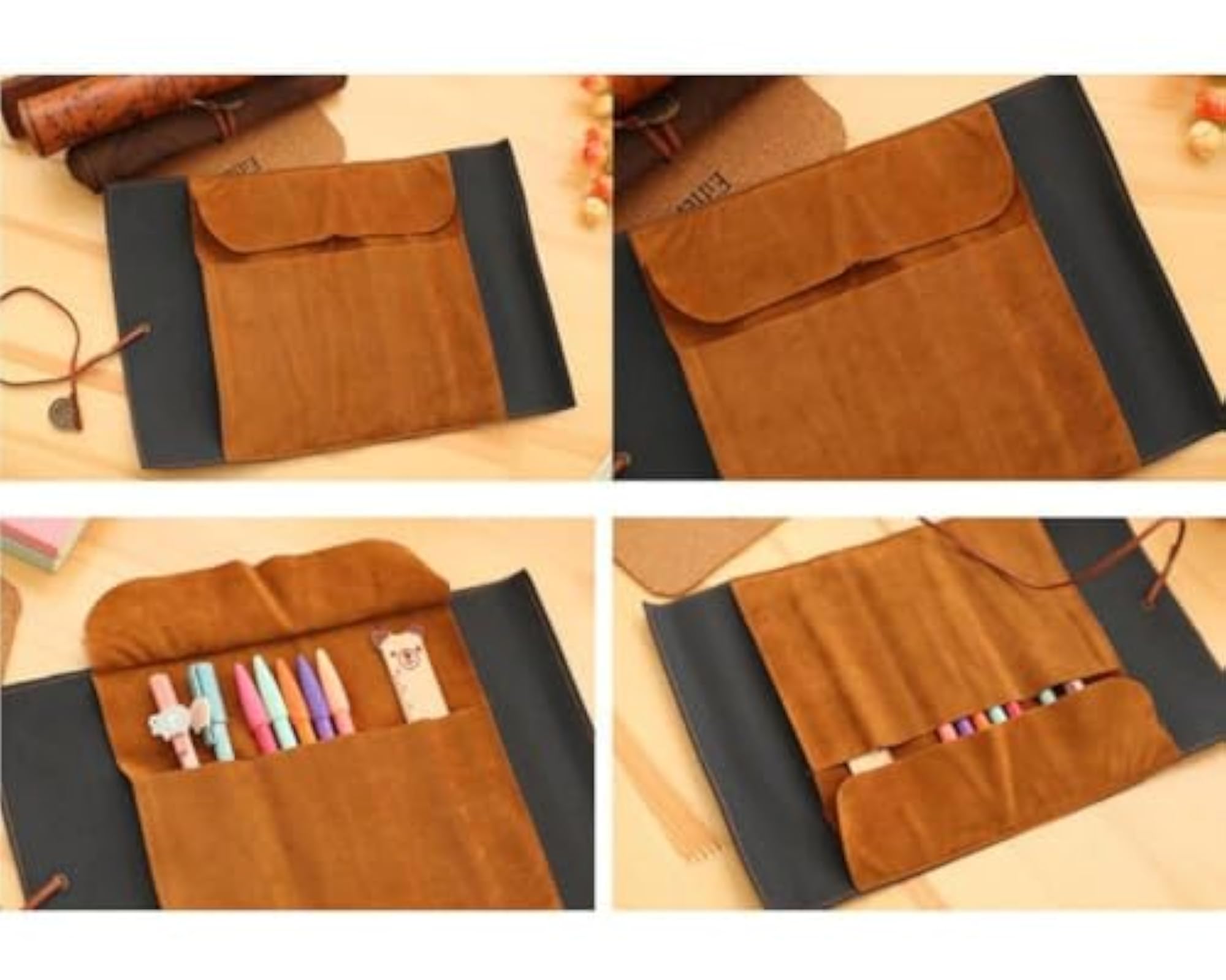 Vintage Canvas & PU Leather Pencil Roll Bag, Treasure Map Pattern