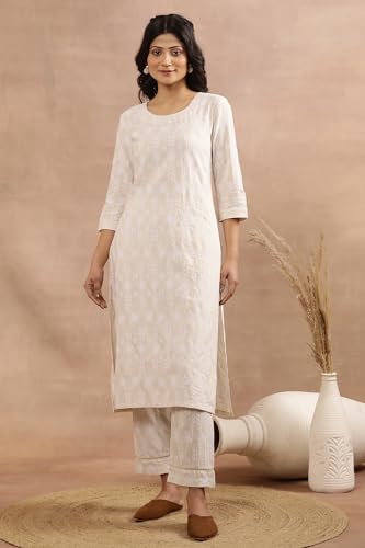 Image of W for Woman Beige Floral Embroidered Cotton Kurta and Pants Set