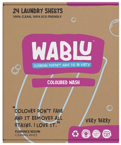 WABLU Coloured Wash Laundry Sheets | Lightly scented VERY BERRY | Concentrated Bio (with enzymes) | Sustainable alternative to liquids, capsules and powder | Travel Wash | 24 Washes