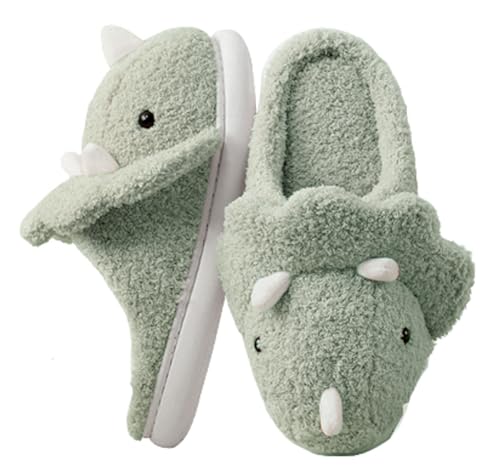 Caistre Adult Unisex Animal Slippers - Warm Plush Dinosaur Design Home Shoes - Funny Triceratops Non-Slip Bedroom Slippers