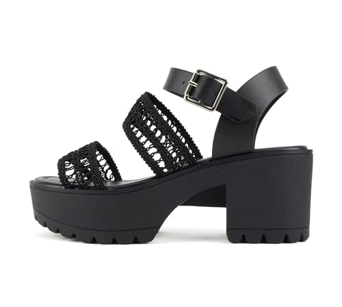 Soda ACCOUNT ~ Women Open Toe Two Bands Lug sole Fashion Heel Sandals with Adjustable Ankle Strap (Black/Braid, us_footwear_size_system, adult, women, medium, numeric_8_point_5)