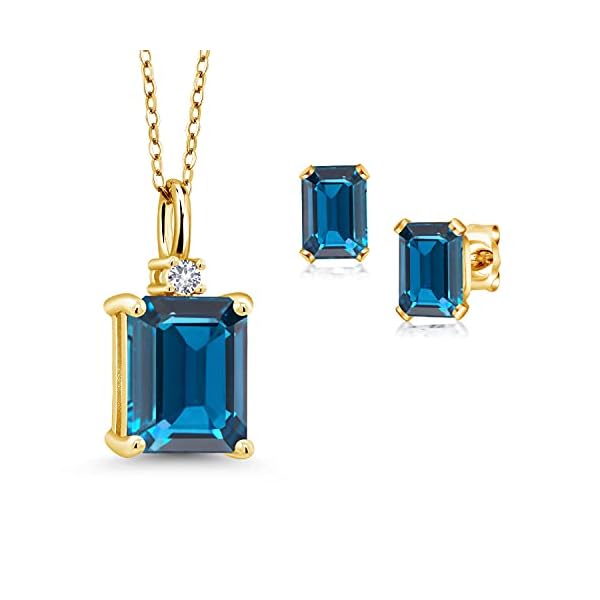 Gem Stone King 18K Yellow Gold Plated Silver London Blue Topaz and White Created Sapphire Pendant and Earrings Jewelry Set For Women | 5.36 Cttw | Emerald Cut 10X8MM and 6X4MM | 18 Inch Chain