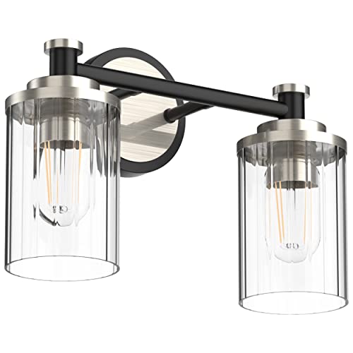 Image of Bathroom Lighting Fixtures Black and Brushed Nickel Bathroom Vanity Light with Cylindrical Clear Stripes Glass Lampshade E26 Socket Base Bathroom Lighting Fixtures Over Mirror (2 Lights)