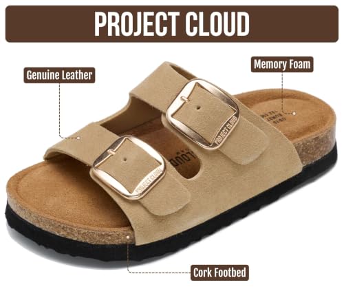 Image of Project Cloud Kids Sandals 100% Genuine Leather - Natural Cork Footbed Non-Slip Slides for Kids - Lightweight Boys & Girls Sandals - Water-Resistant Girls & Boys Sandals
