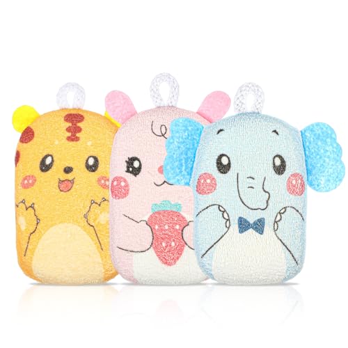 Sibba Lot de 3 éponges de bain en luffa pour le corps, douce et facile à mousser, profitez de votre moment de bain (tigre/lapin/éléphant)