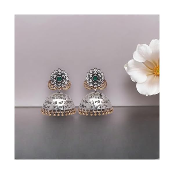 JWELLA Antique Silver Engraved Jhumka Earrings with Green Stone Accents - Image 3