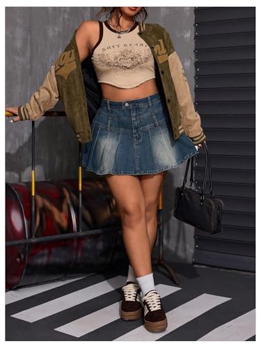 Women's Plus Size Pleated Denim Skirt Y2k Zipper High Waist A Line Jean Skirts4