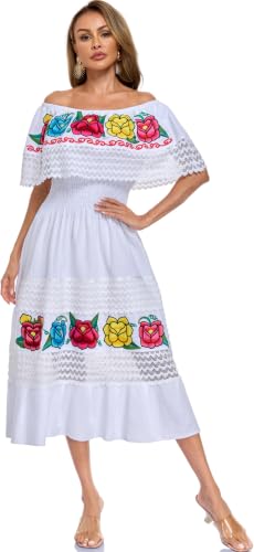 Image of YZXDORWJ Women Embroidered Mexican Peasant Casual Sexy Lace Off-Shoulder Long Dress
