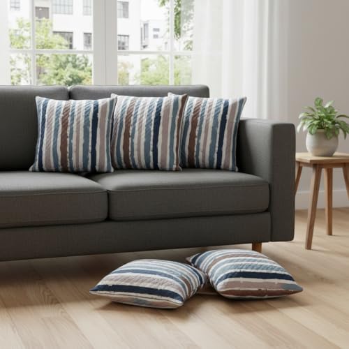 Image of STITCHNEST 'QuadraNest' Series Printed Quilted Velvet Cushion Cover 16x16 Inch Set of 5 | Premium Soft Fabric, Washable & Fade Resistant | Decorative Living Room Cushion Covers | Blue & Beige Striped