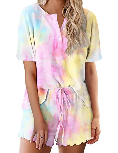 Image of Ekouaer Pajamas Set for Women Short Sleeve Lounge Set 2 Piece Loungewear PJs Soft Cute Lightweight Sleepwear,Large
