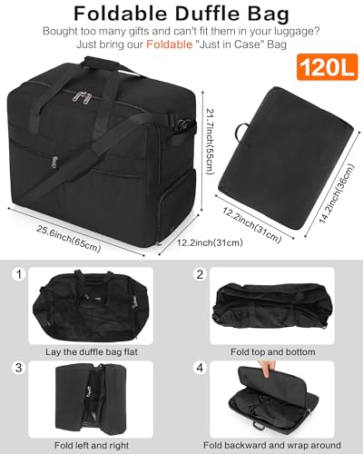 Image of 120L Foldable Large Travel Duffle Bag for Men and Women, Packable Duffel Bags with Shoe Compartment, Water Repellent & Tear Resistant (Black)