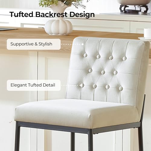 Image of CHITA Modern Bar Stools with Tufted Back Set of 2, 26 inch Counter Height Bar Stool with Metal Legs for Kitchen Island & Dining Room, Ivory Fabric, Black Frame