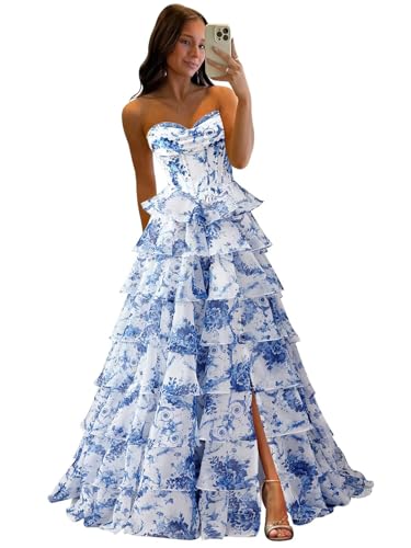 TORYEMY Long Prom Dresses Tiered Chiffon Ruffle Satin White Blue Cocktail Dresses Strapless Homecoming Dresses with Slit for Women Size 8