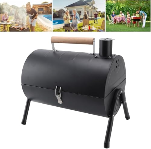Image of Chimney BBQ Grill Set for Home & Outdoor Use | Foldable Charcoal drum With Charcoal Tray & food grill | Barrel Shaped Tandoori bbq grill stand (Black)