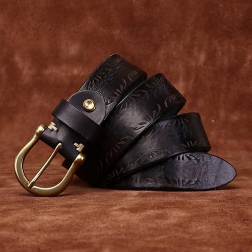 Thicken Full Grain Leather Embossed Belt Hand Made Strap with Heavy Duty Solid Brass Round Buckle Packed in Gift Box4