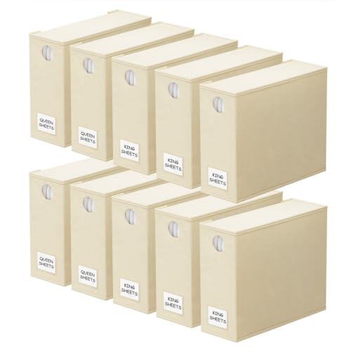Image of SpaceAid 10 Pack Bed Sheet Organizers and Storage, Foldable Sheet Organizer for Linen Closet, Sheets Set Folder Keeper with Window XL (Queen & King Size) Organizing Bedding Container, Beige
