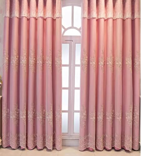Ayoiow Cortinas para dormitorio o salón, doble capa, con bordado de encaje, cortinas largas para dormitorio, poliéster, algodón, color rosa, 86 x 214 cm, cinta plisada