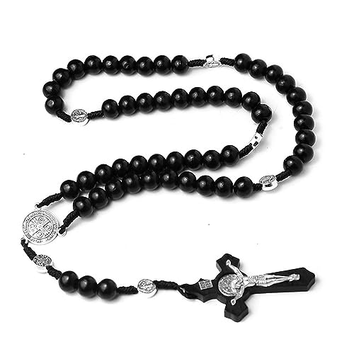 Collar con cruz de cuentas de madera natural, joyería unisex hecha a mano para fiestas