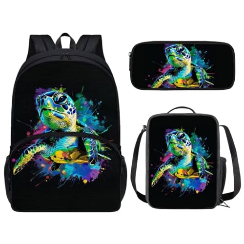 Pinupub Kids 3 In 1 Animals Backpack For Boys Girls 17 Inch Painting Sea Turtle Print Elementary School Bag With Lunch Bag Pen Bag