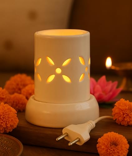 Image of Mkd2 Rise Handcrafted Ceramic Electric Round Shaped Aroma Diffuser | Aroma Oil Burner for Aromatherapy | Home Decor and Fragrance (Ivory White)