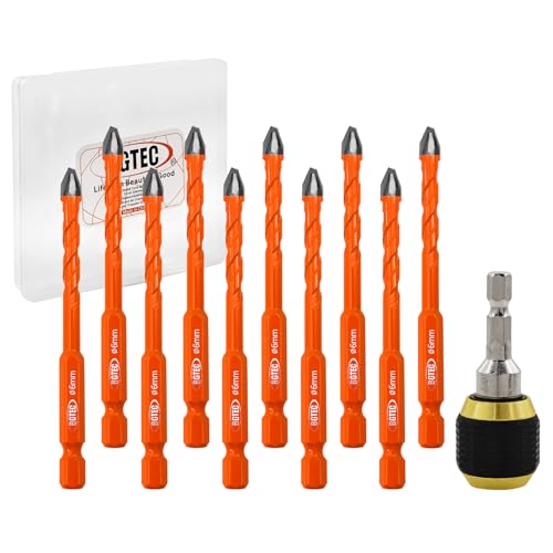 BGTEC High Hardness Skewed Head Eccentric Drill Bits Set-10pcs 1/4" Carbide-Tipped Crooked Drill bit with 1pc Drill Chuck Adapter for Wood Plastic Masonry Ceramic Tile Glass Concrete Marble Brick