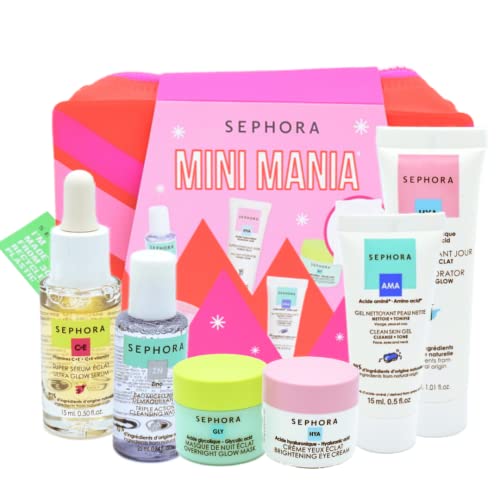 Sephora Mini Mania Skincare - Ultra Glow Serum, Triple Action Cleansing Water, Clean Skin Gel Cleanser, Brightening Eye Cream, Overnight Glow Mask, All Day Hydrator