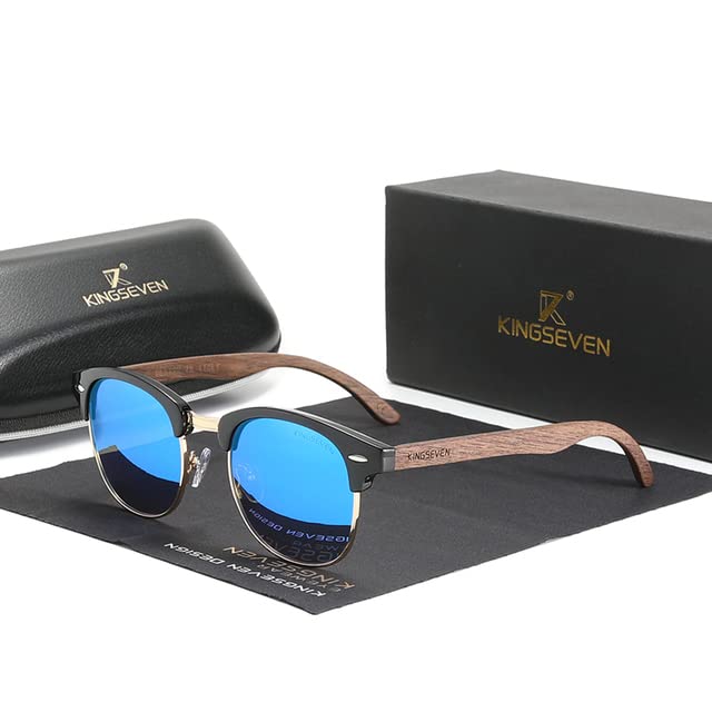 Image of KINGSEVEN Handmade 2023 Black Walnut Wooden Sunglasses Men Polarized UV400 Protection Semi-Rimless Retro Eyewear Women Oculos